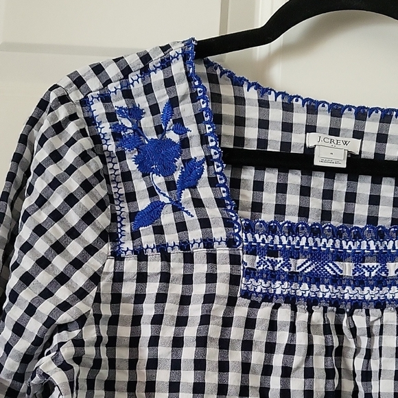 J. Crew Womens Small Black White Gingham Embroidered Peasant Top Square Neck - Picture 5 of 8